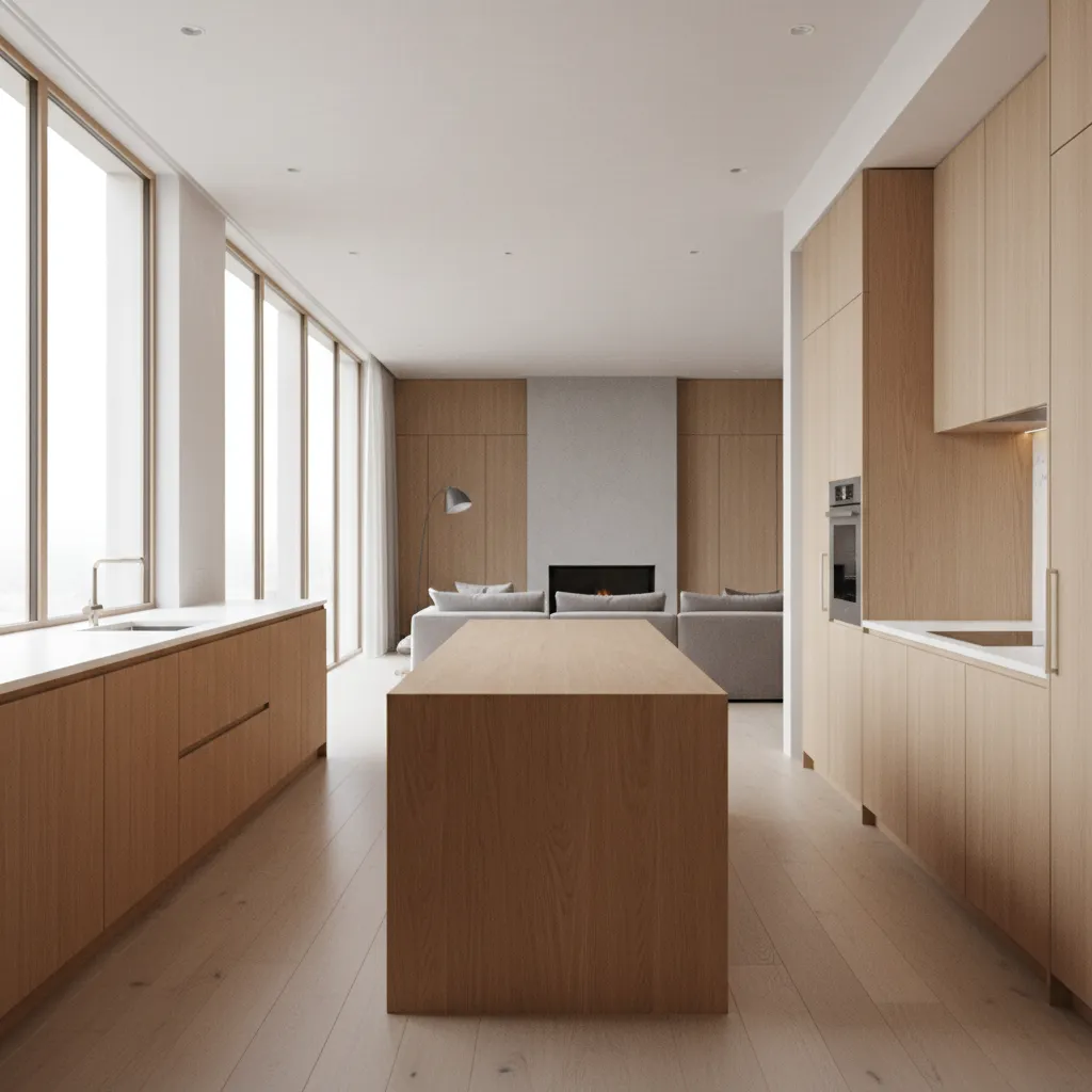 Modern residential kitchen using a central wooden prep table instead of an island