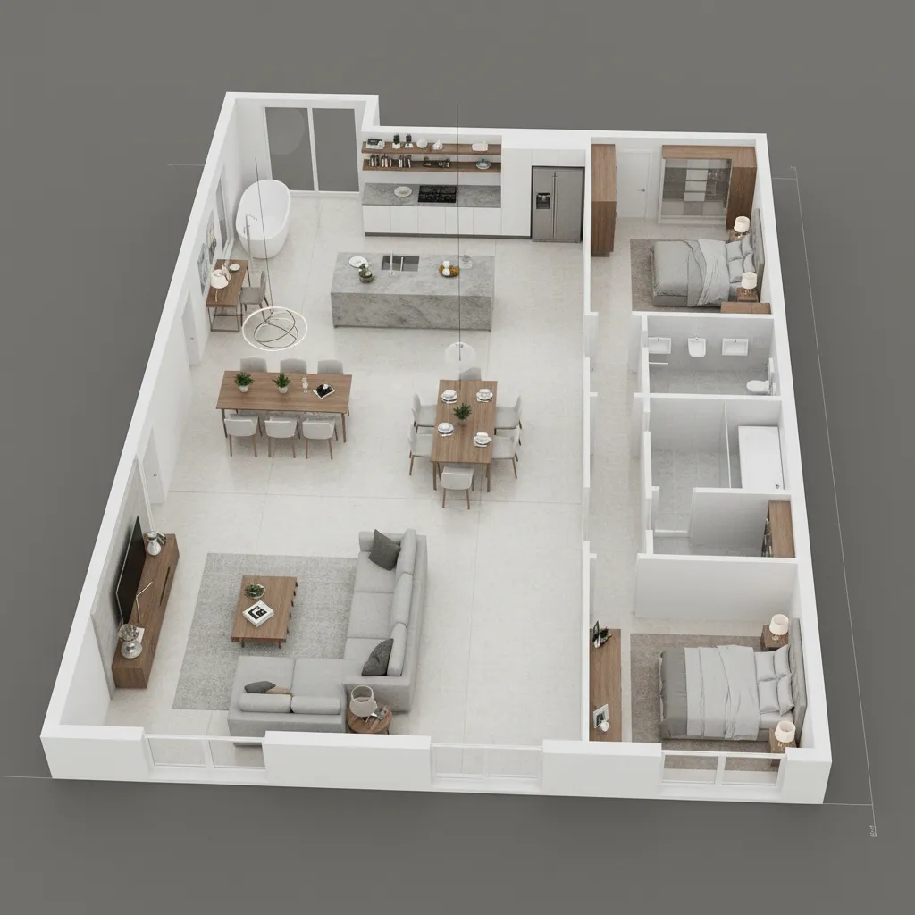 step by step 3D floor plan design layout showing rooms furniture and circulation paths