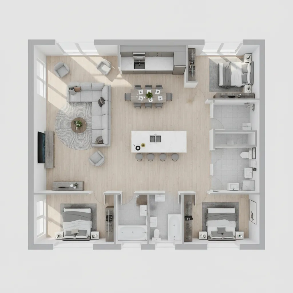 detailed 3D floor plan render showing living room kitchen and bedroom zones