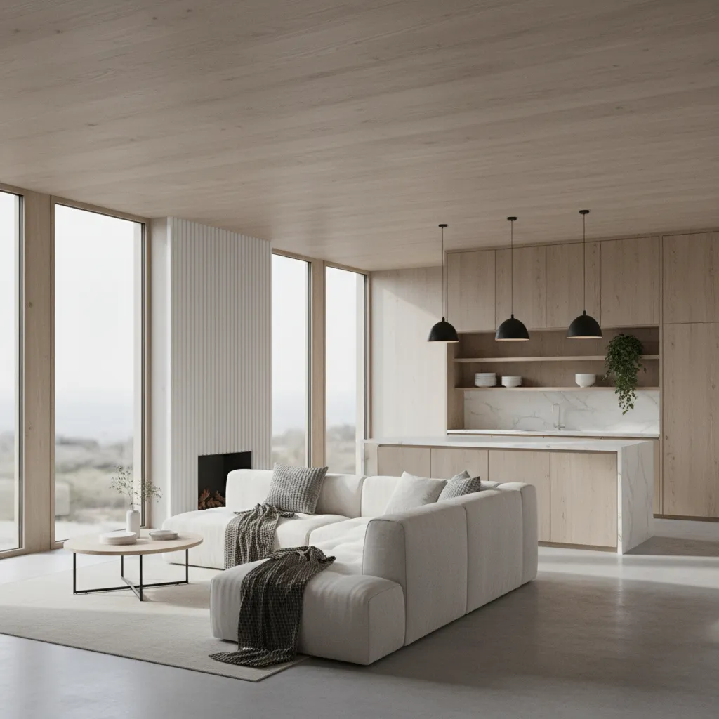 Visualización 3D de un salón conectado con cocina abierta