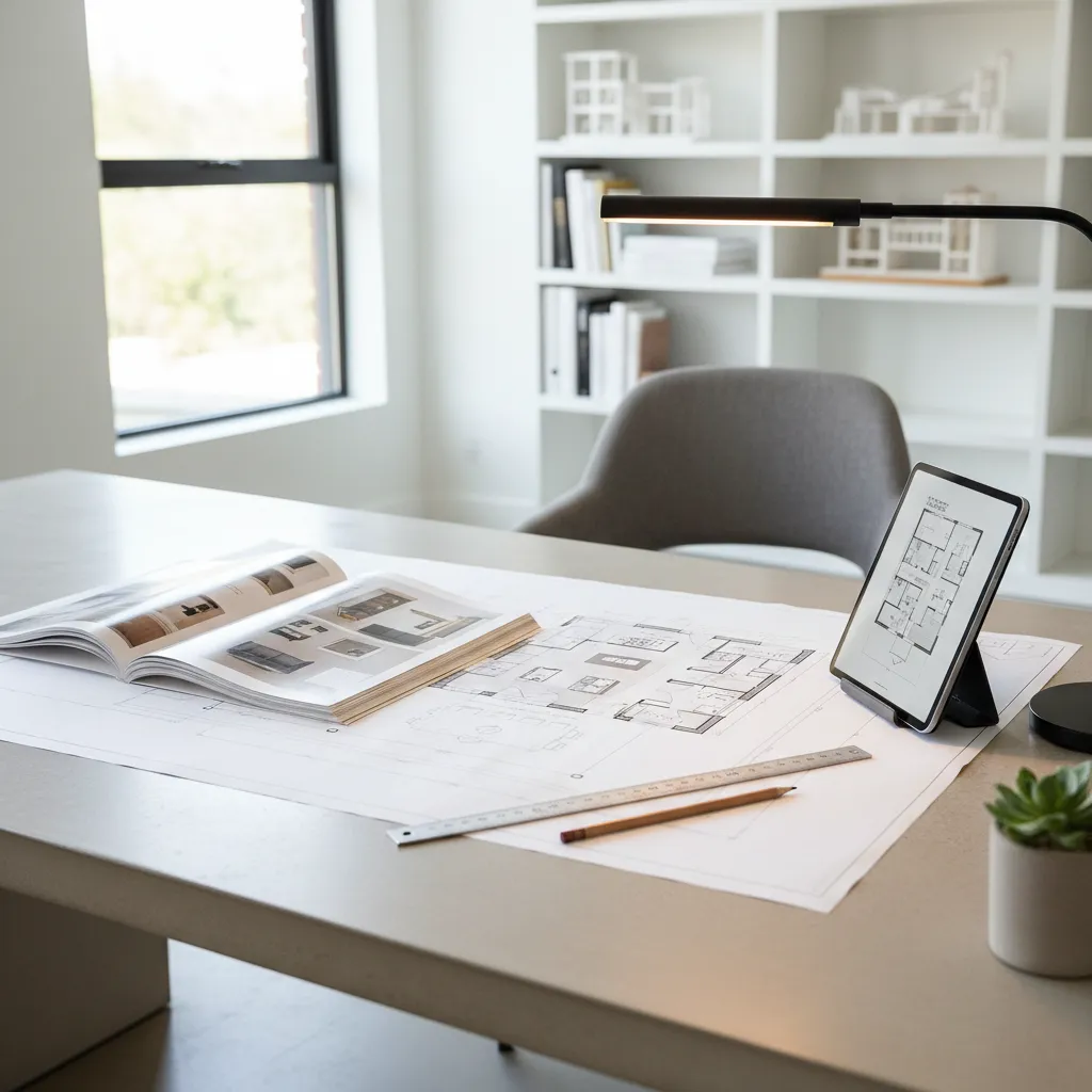 Mesa de trabajo con plano de casa, revista abierta y lápiz analizando distribución