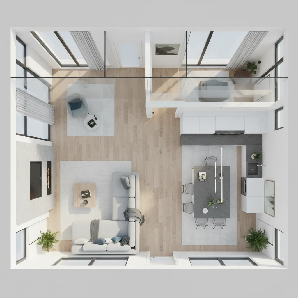 3D floor plan showing walking paths and room connections in a house layout