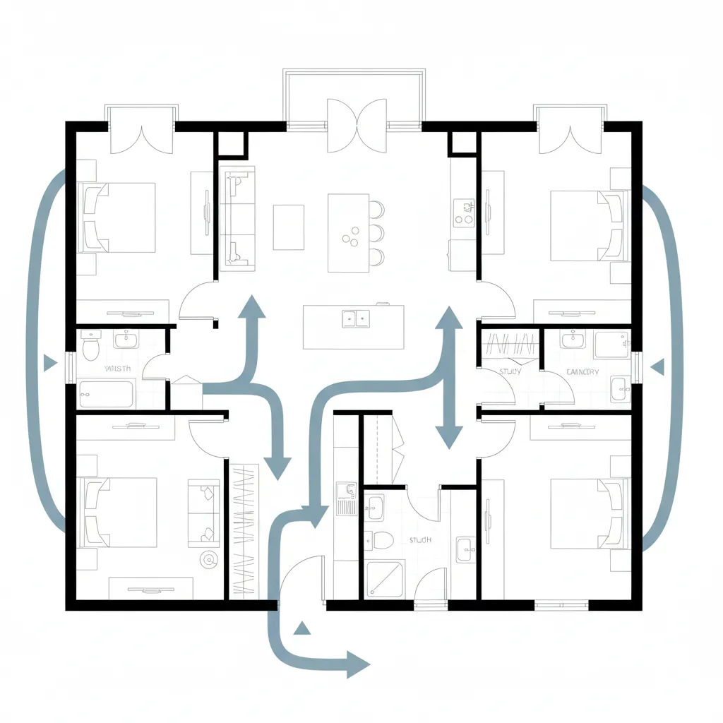 Plano de casa mostrando circulación entre habitaciones