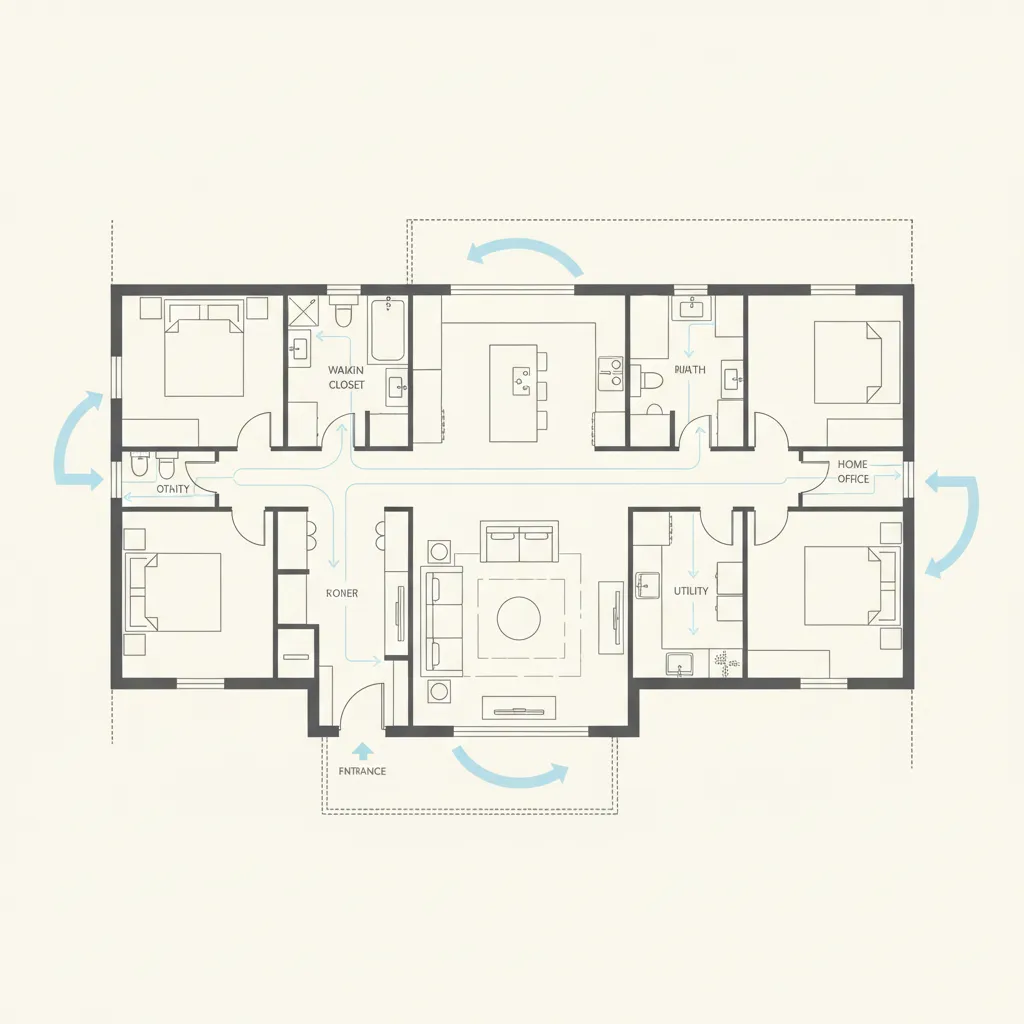Diagrama de circulación dentro de una casa mostrando rutas de movimiento