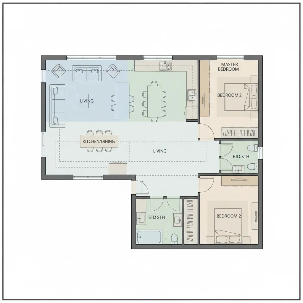 House layout showing circulation paths and room zones