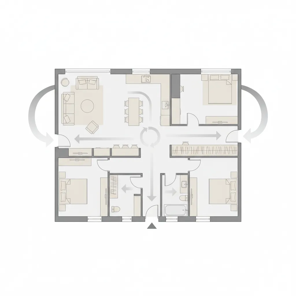Diagram showing circulation paths and walking flow inside a house floor plan