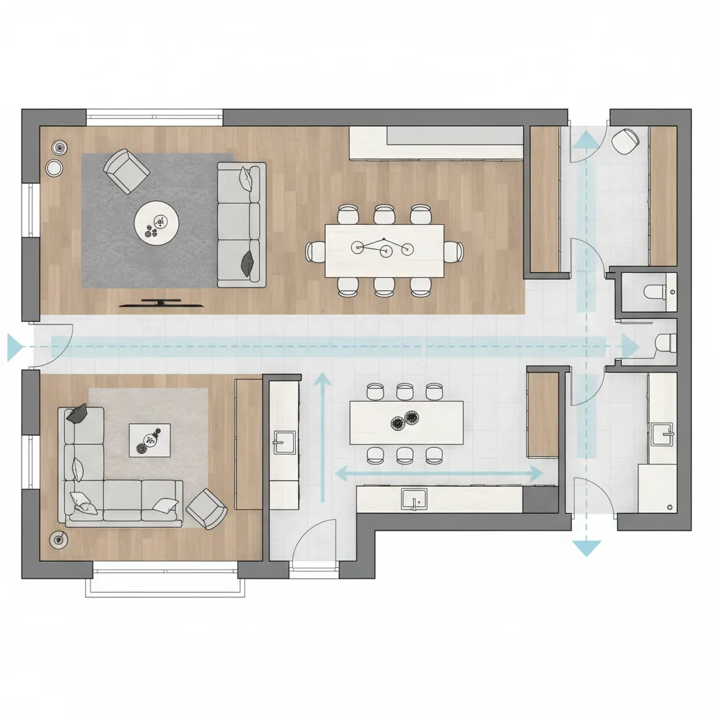 Modern home floor plan highlighting walking circulation paths