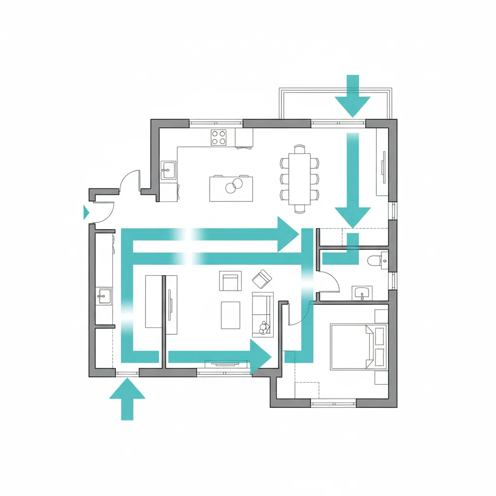 Floor plan diagram highlighting walking paths and circulation flow in a home