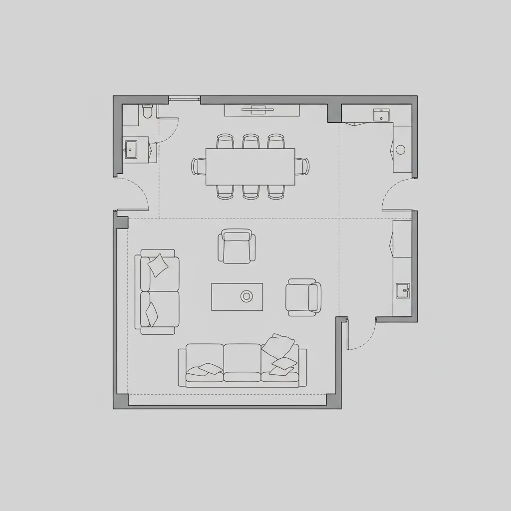 top down interior floor plan showing walking paths and furniture layout