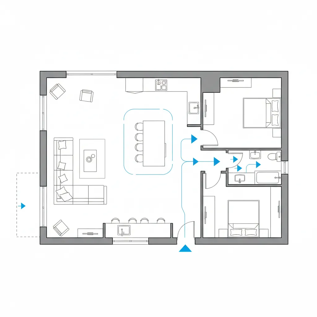 home floor plan diagram showing circulation paths between rooms