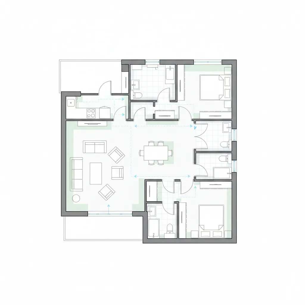 Interior layout diagram showing circulation paths in a home floor plan