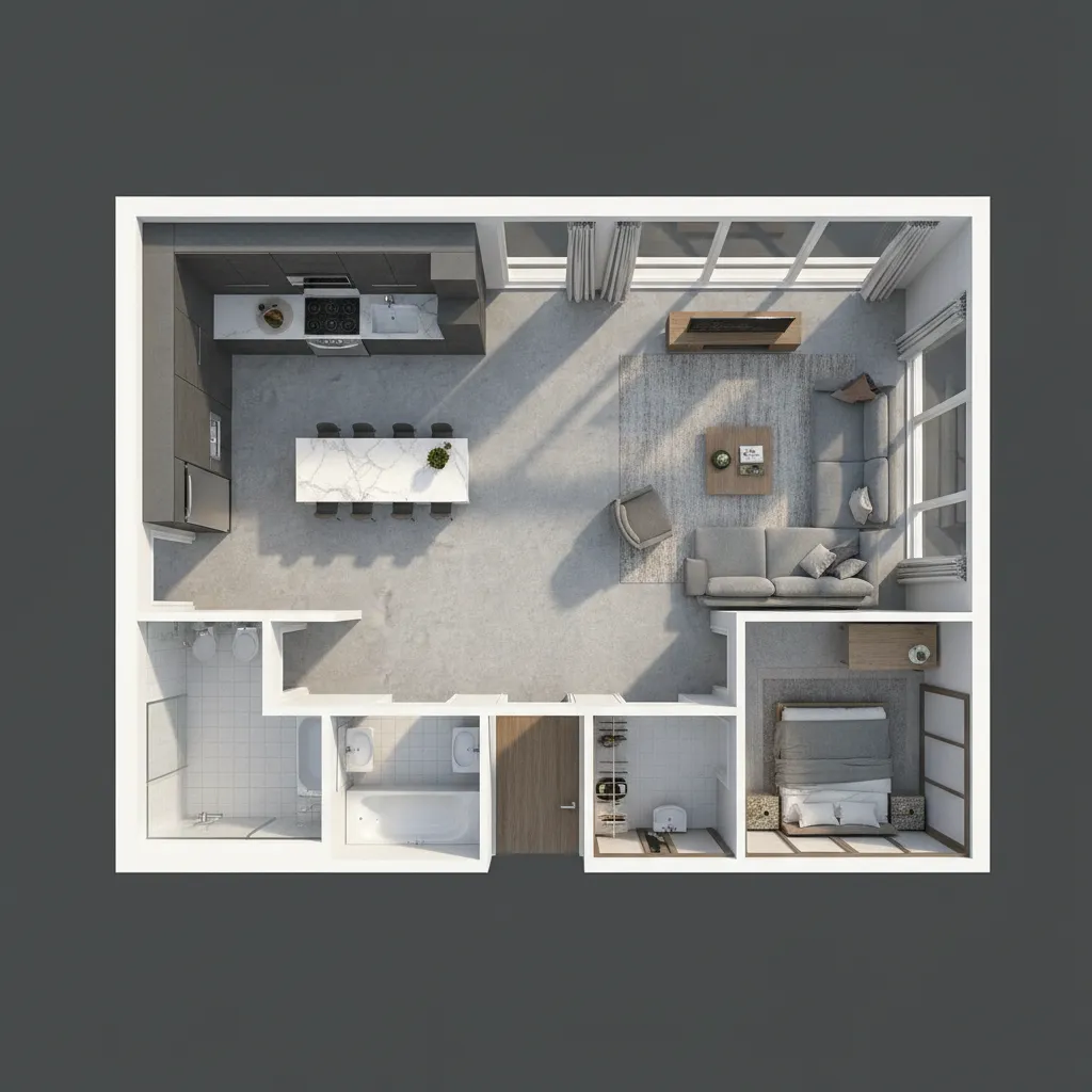 Top view of a 3D room layout with kitchen living room bedroom bathroom and furniture