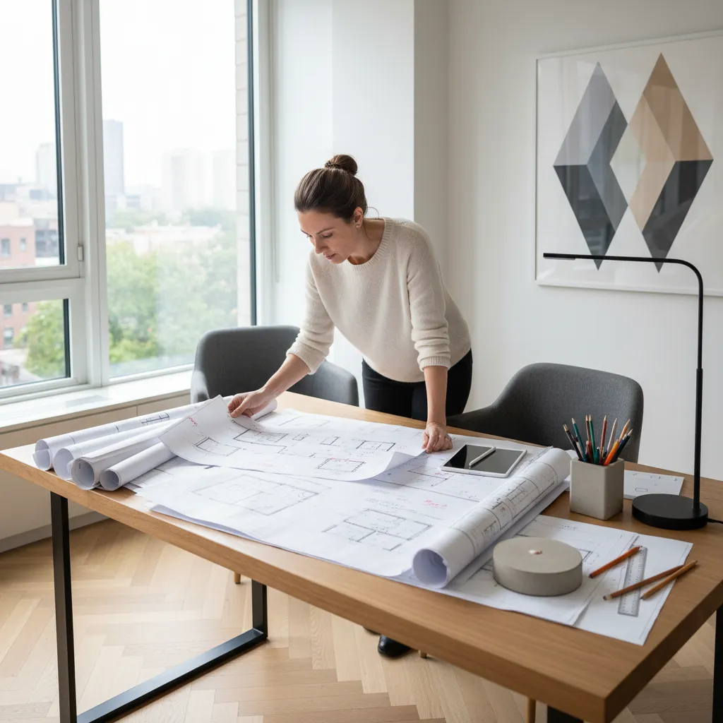 Designer reviewing multiple floor plan options for home layout improvement