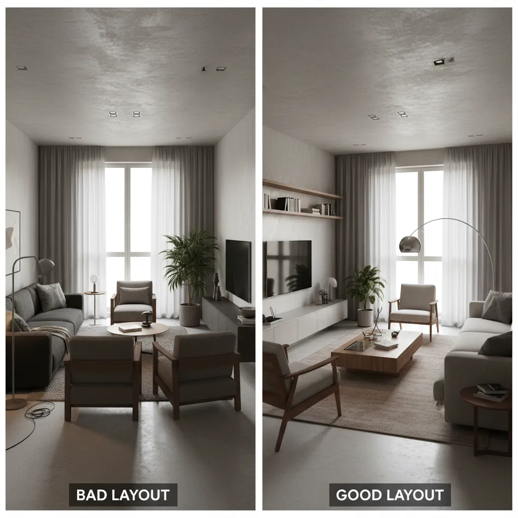 Comparación visual entre una mala distribución y una buena distribución de sala