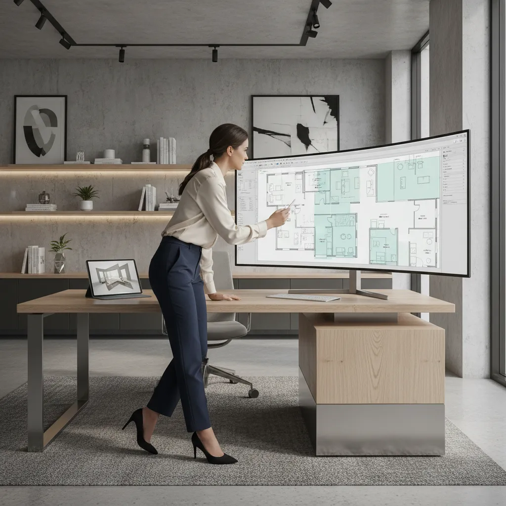 Diseñador ajustando distribución de habitaciones en un plano digital