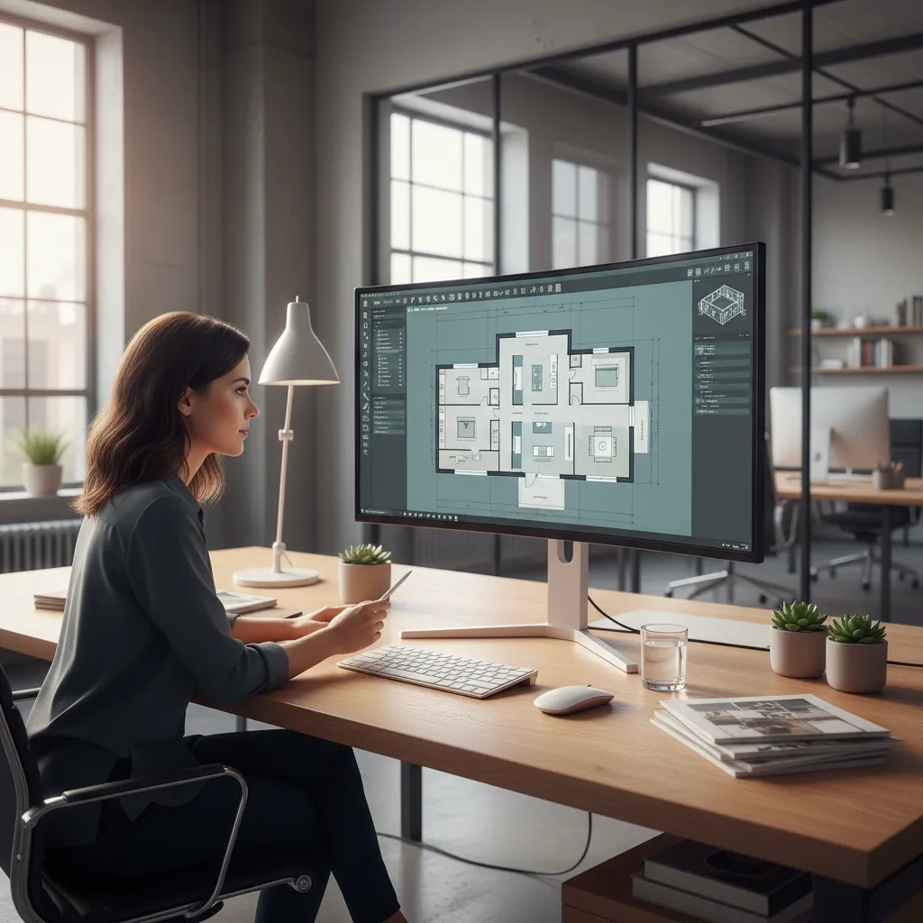 Diseñador trabajando en la distribución de habitaciones en un plano digital