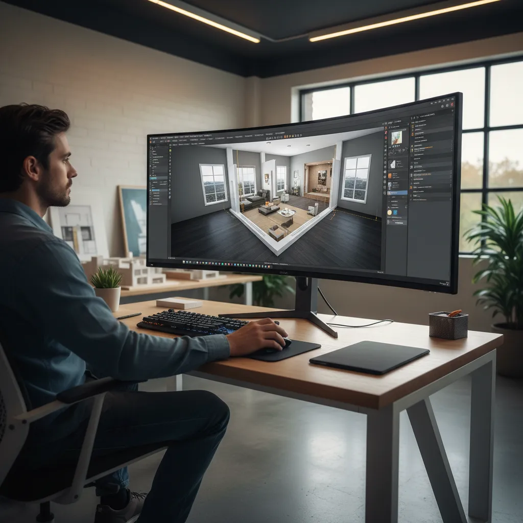 persona diseñando distribución de casa en software 3D