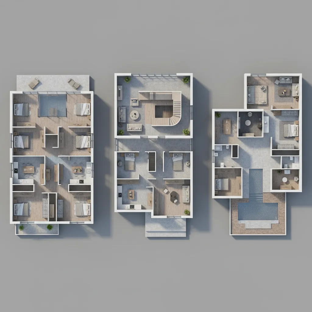 Three different 3D house layout designs showing various room arrangements and outdoor swimming pool areas