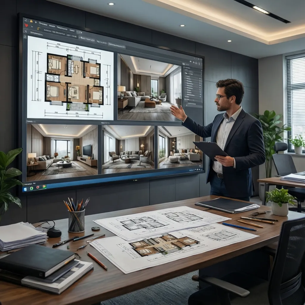 Diseñador revisando diferentes distribuciones de una casa