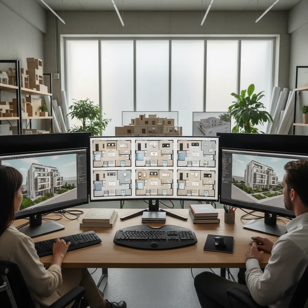 Designer comparing multiple floor plan layout versions on a screen