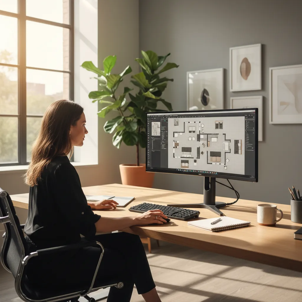 designer adjusting home floor plan layout on desktop computer