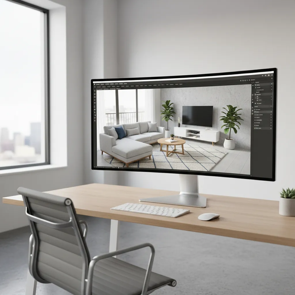 Pantalla mostrando diseño 3D de salón con muebles colocados digitalmente