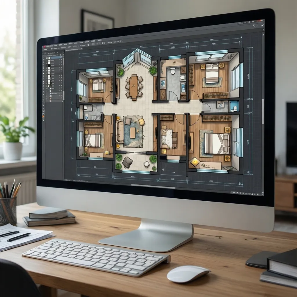Plano digital de una vivienda completa diseñado con software de interiorismo