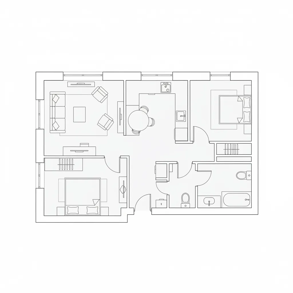 simple apartment 2D floor plan layout with labeled rooms and furniture placement