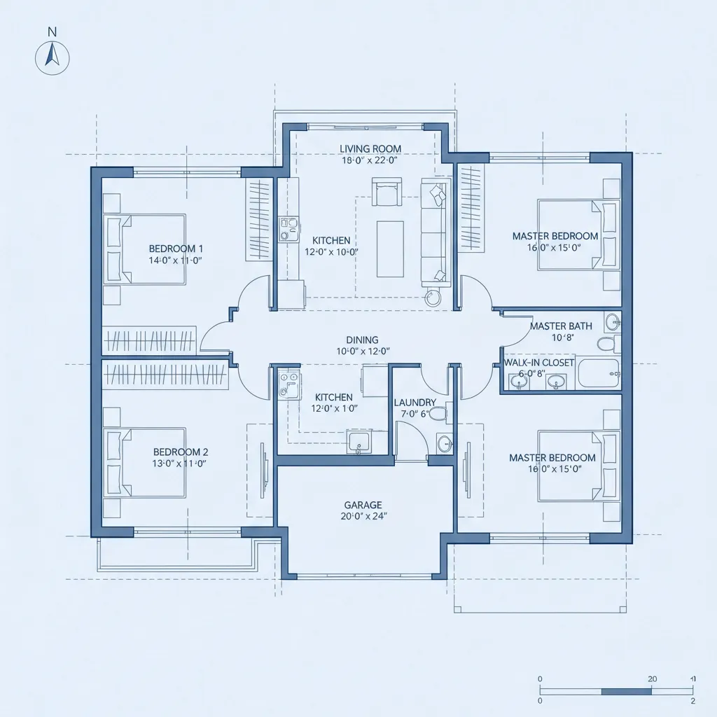 Blue interior design drawing showing a house room layout with measurements for bedrooms and kitchen