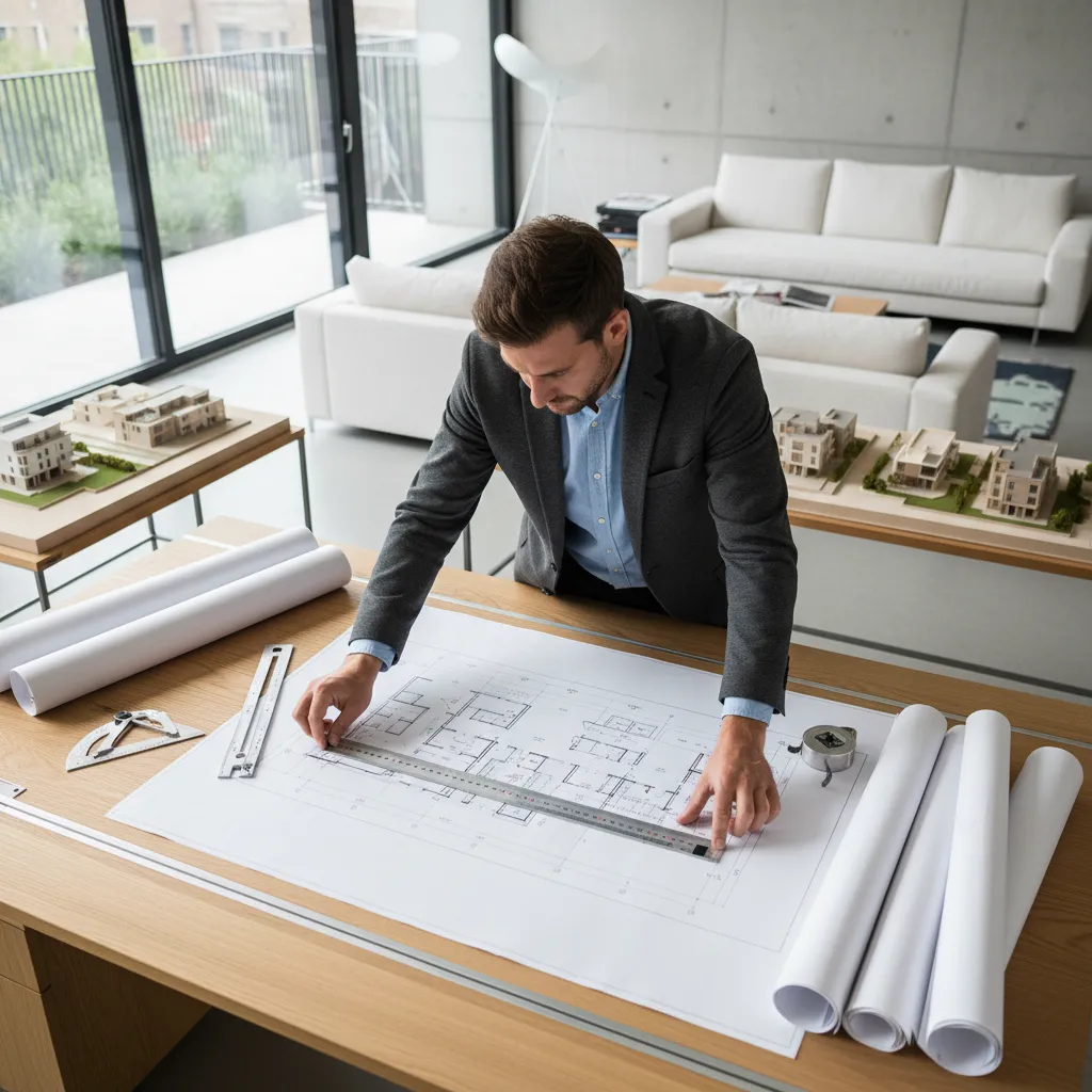 architect reviewing residential floor plan layout during remodeling planning