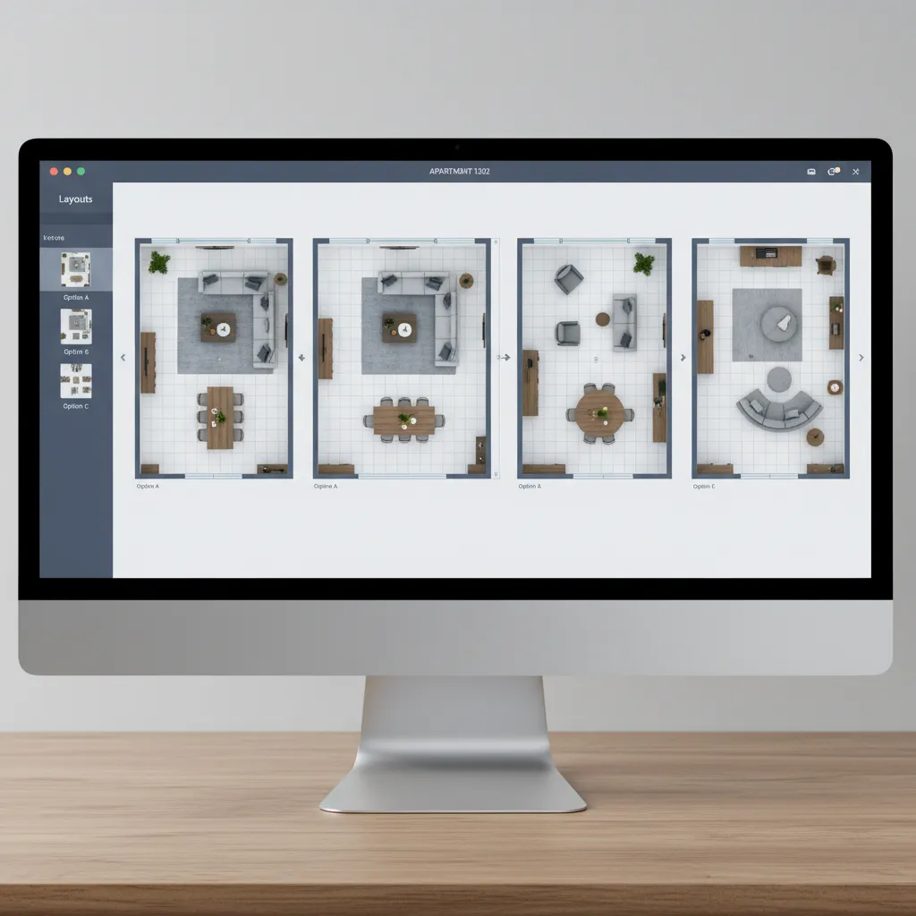 Pantalla mostrando diferentes distribuciones de muebles en una casa