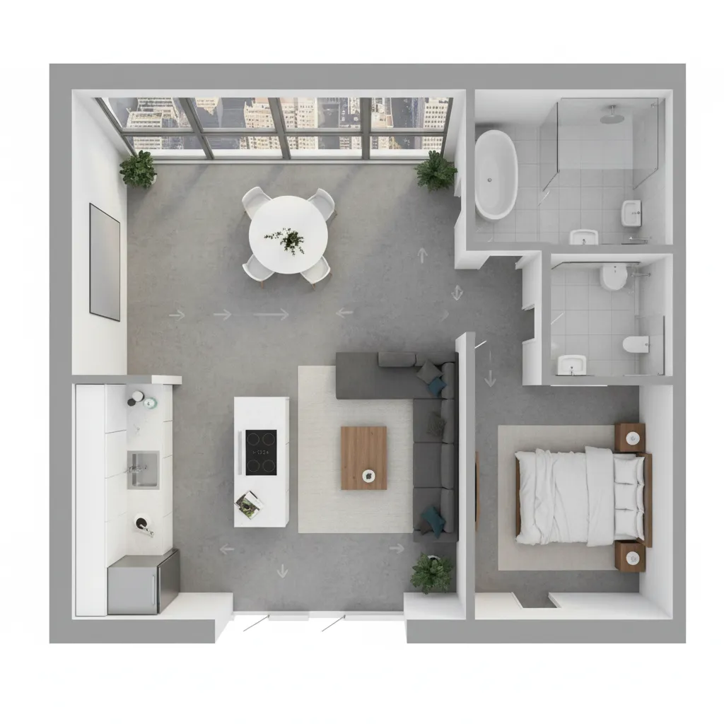 Plano de vivienda con distribución optimizada para circulación fluida