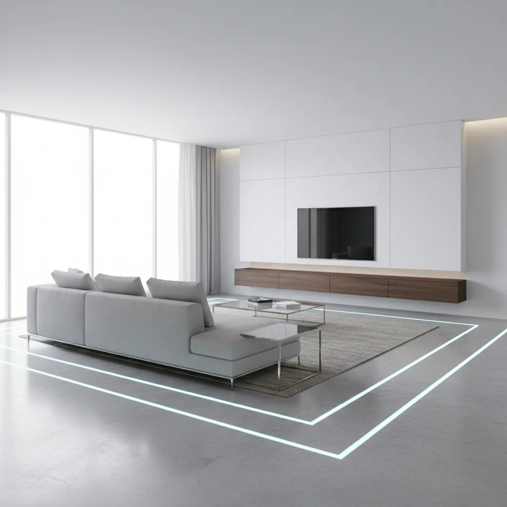 3D interior layout planning showing sofa placement and walking paths