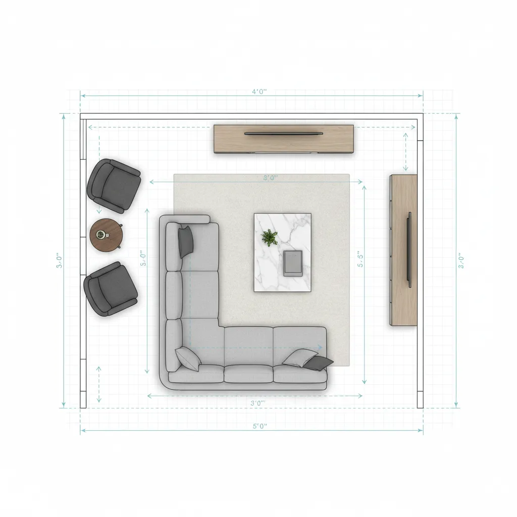Living room floor plan demonstrating furniture spacing and walking clearance