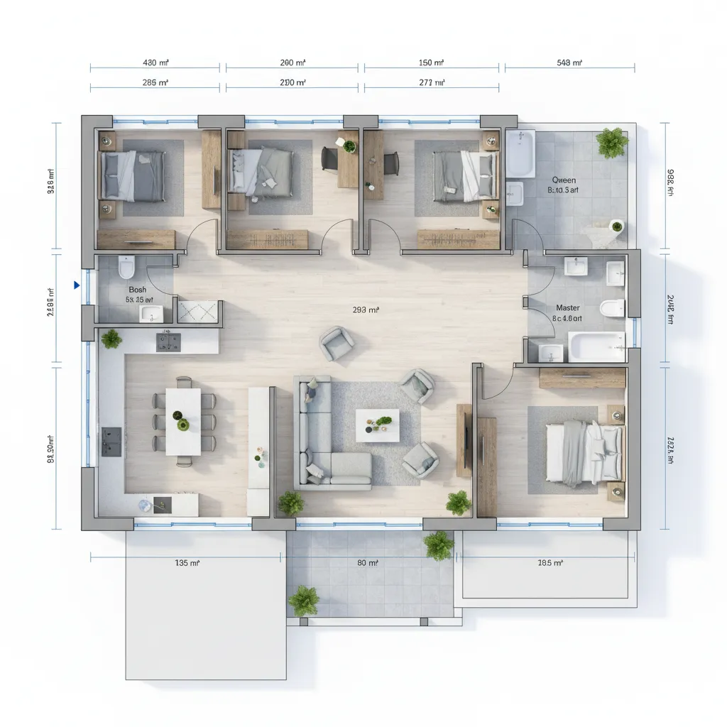 Plano de vivienda con medidas y distribución de habitaciones