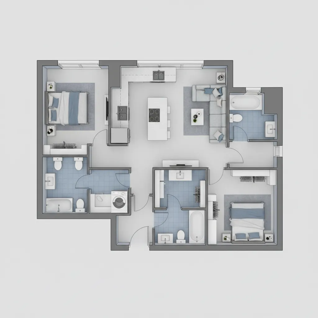 Plano digital completo de un apartamento diseñado en software de interiorismo