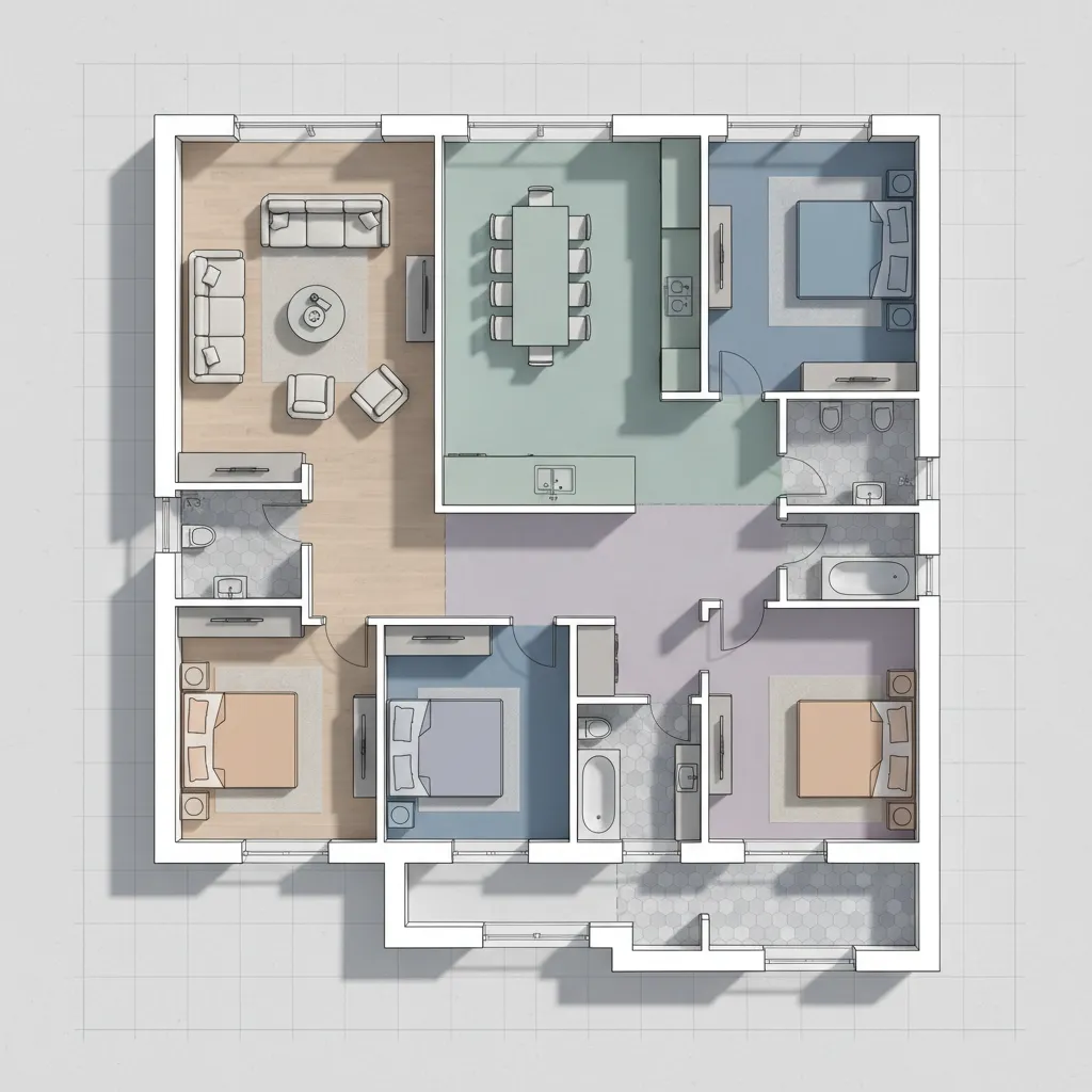 Plano de vivienda con diseño interior superpuesto