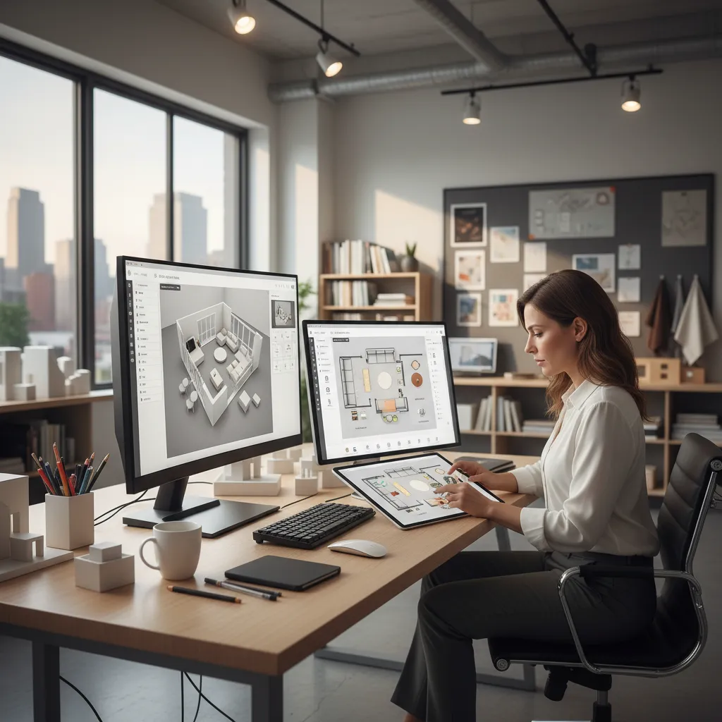 Diseñador planificando distribución de muebles en un plano digital