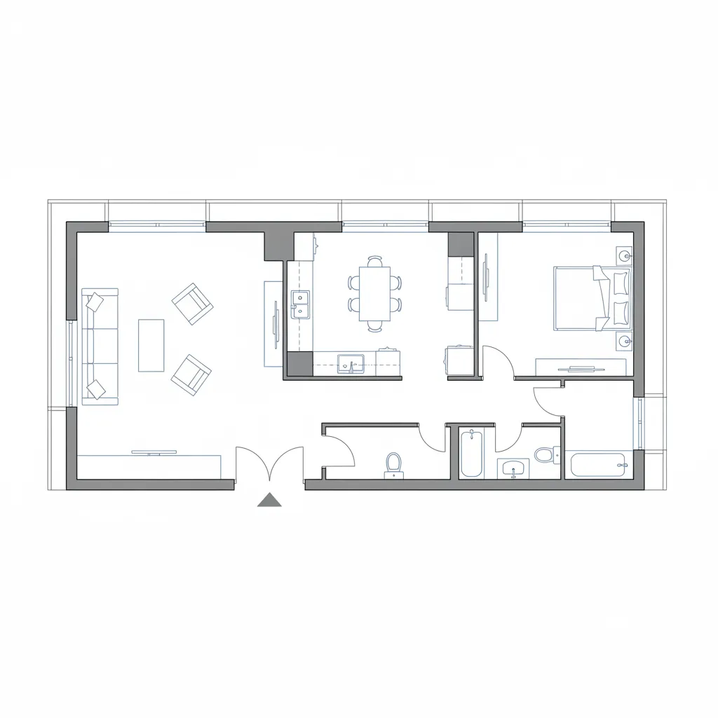 2D home floor plan layout showing living room kitchen and bedroom arrangement
