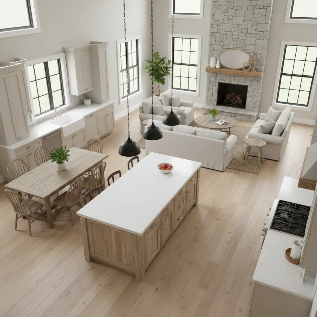 3D layout planning showing kitchen island spacing and living room layout