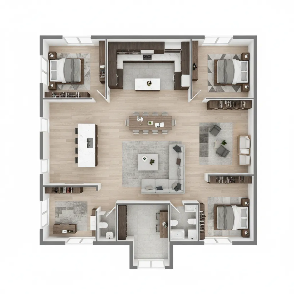 3D floor plan layout of a 3000 square foot home showing room layout and spatial planning