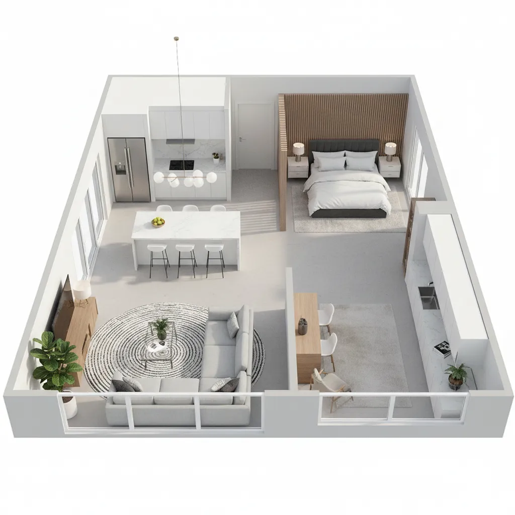 3D floor plan layout visualization of a modern apartment interior