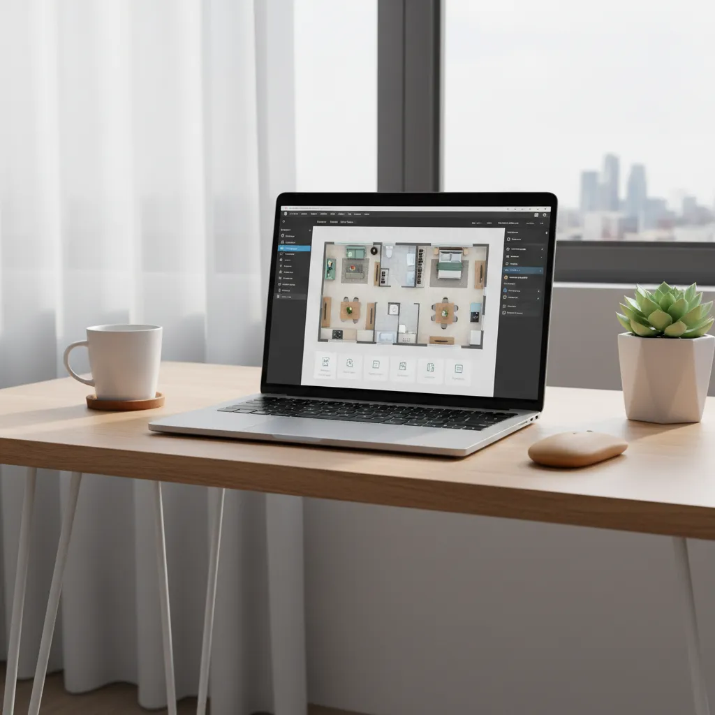 Laptop displaying apartment floor plan design with furniture placement layout