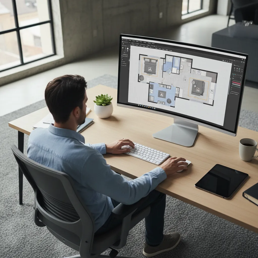 Persona diseñando plano de vivienda en ordenador