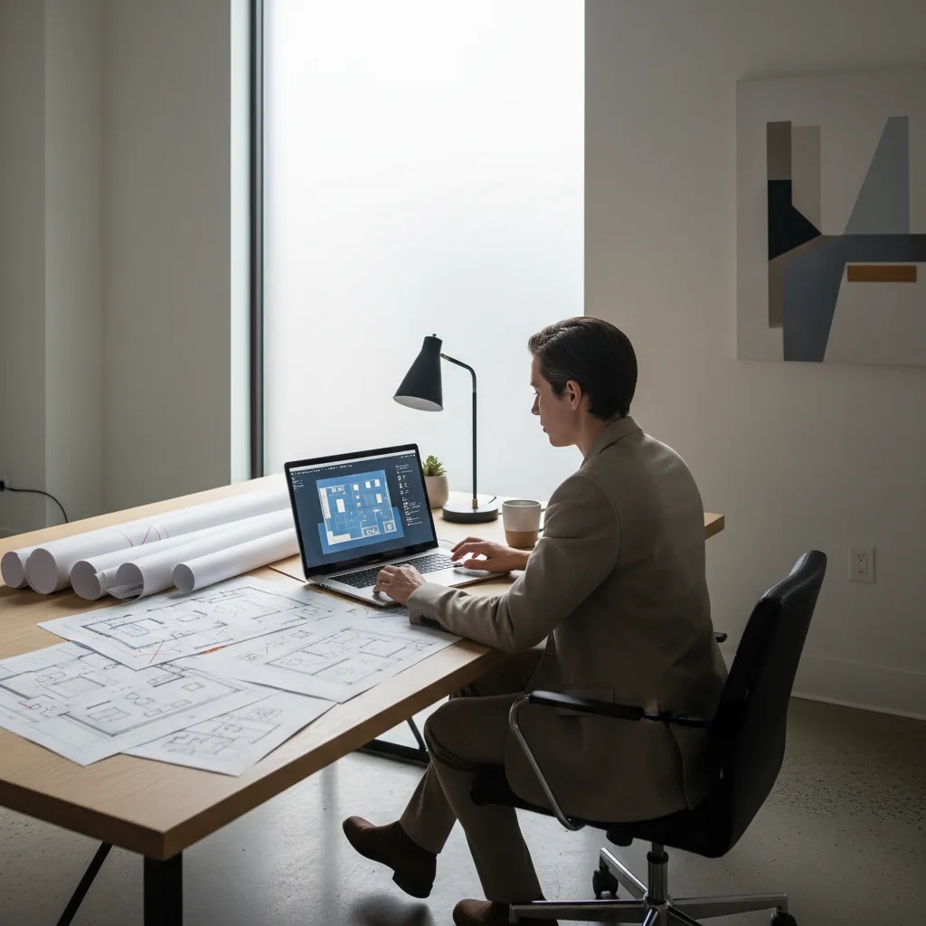 Interior designer planning a home layout using digital floor plan tools