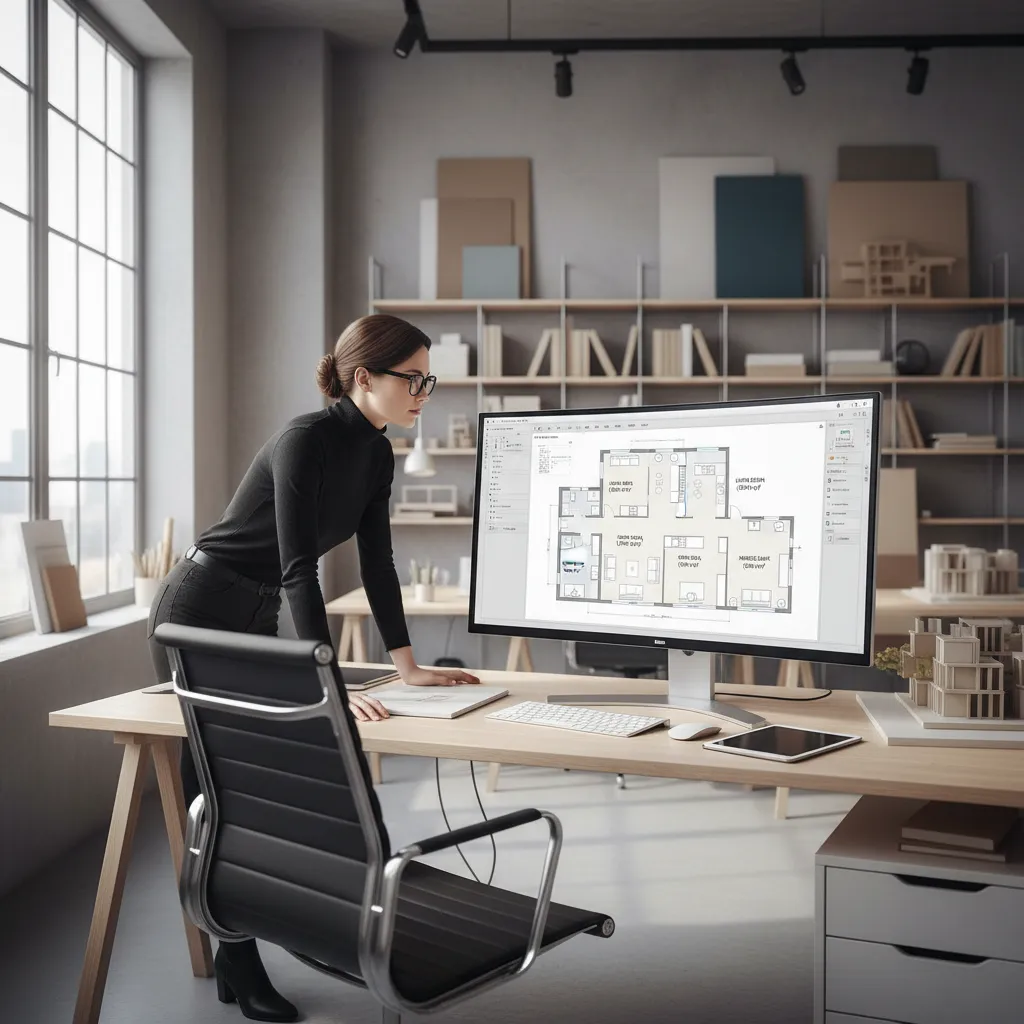 Interior designer reviewing a digital floor plan layout with room sizes