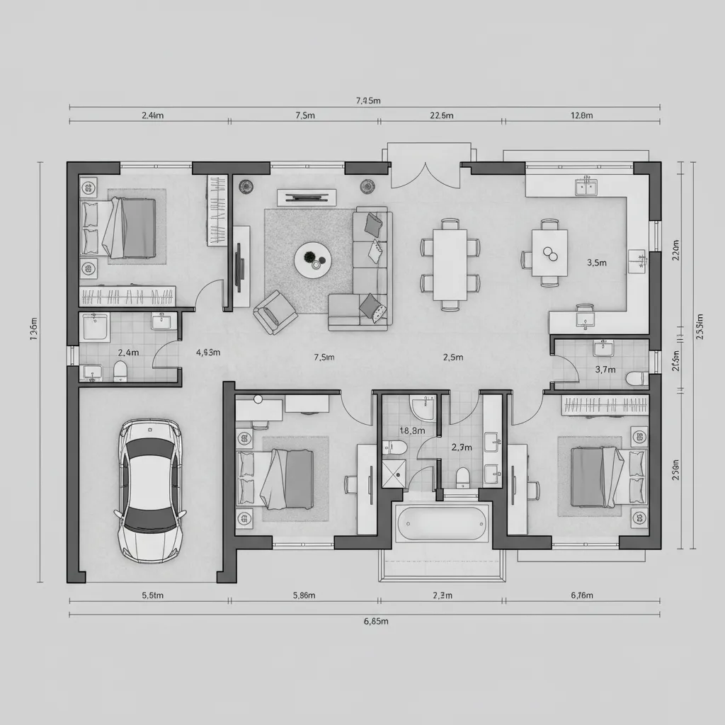 detailed home floor plan with furniture and room measurements