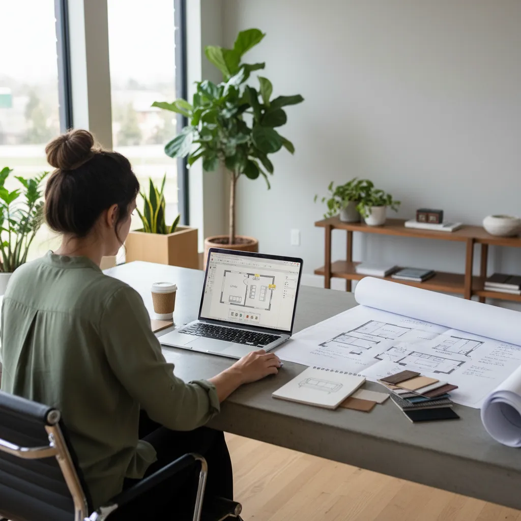 Professional working on room layout using digital design software and paper floor plans at office