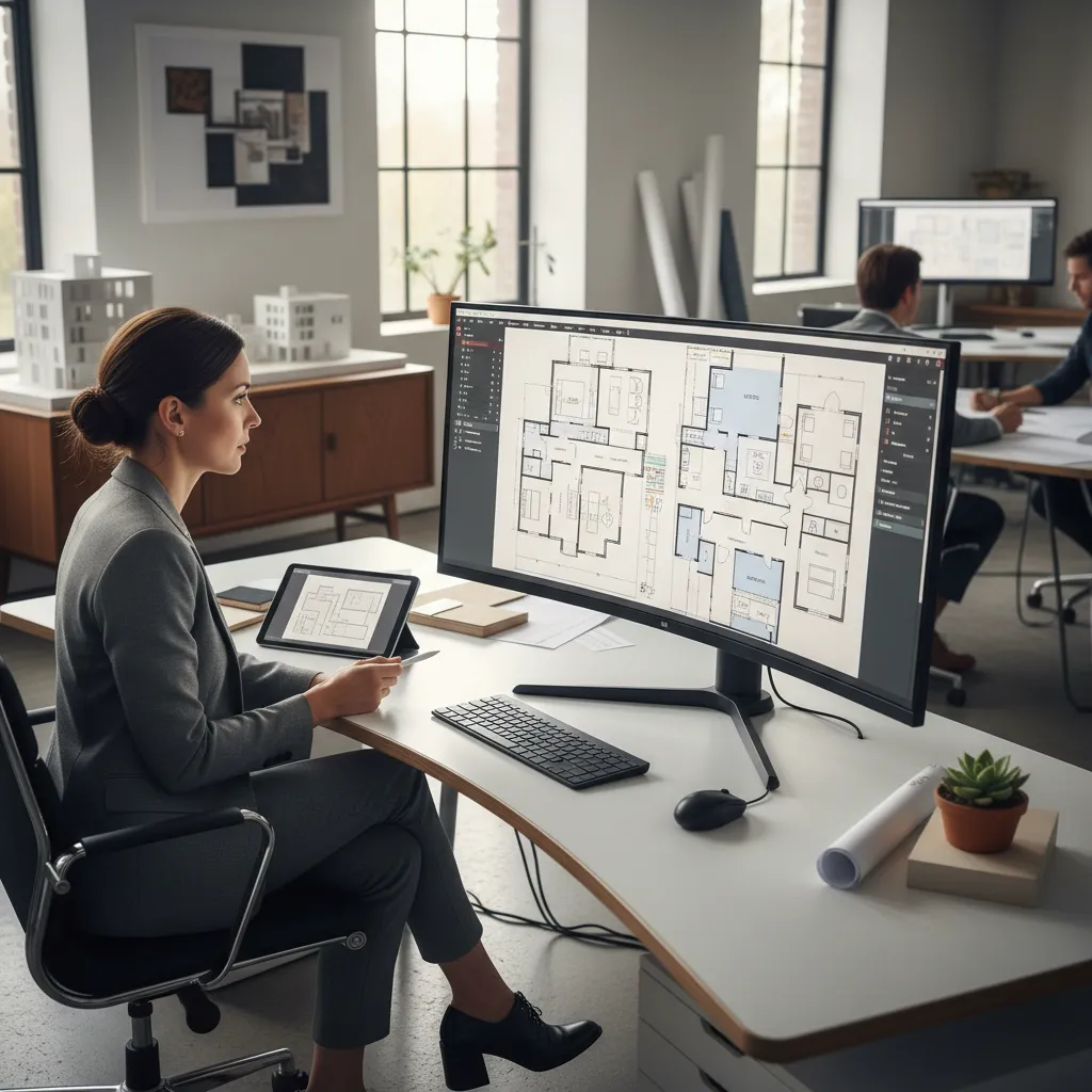 Architect reviewing home floor plan layout options on a digital planning screen