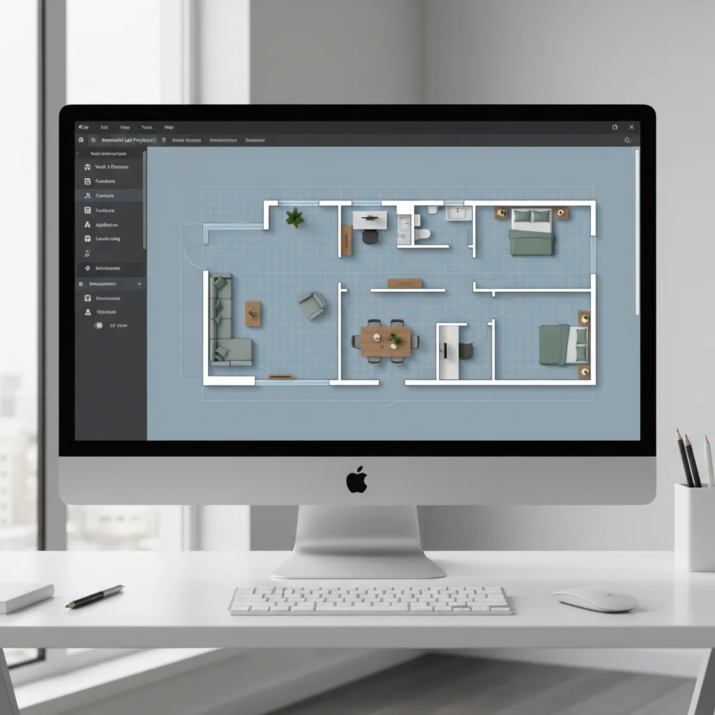Home design software interface showing room layout planning and furniture placement